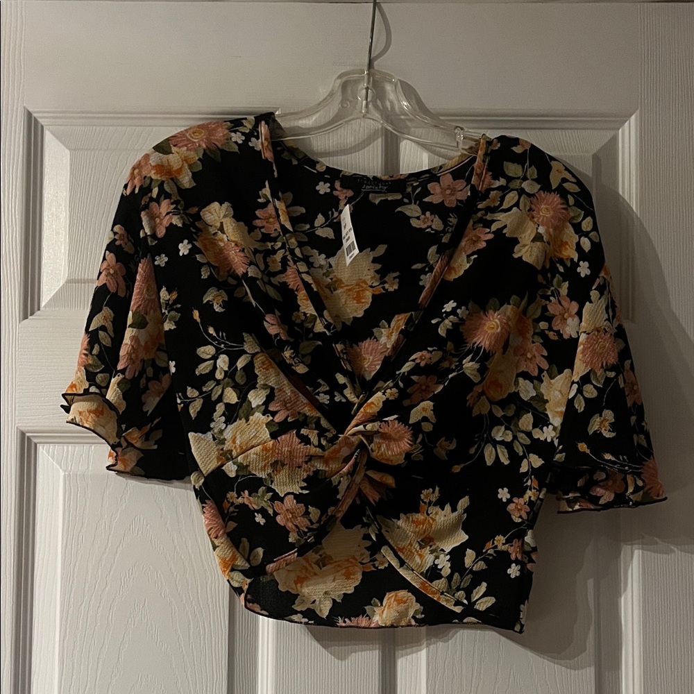 NWT- Streetwear Society Black and Pink Floral Wrap Blouse